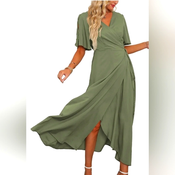 Women Summer V Neck Short Sleeve Split Wrap Maxi Dress Waist Tie Casual - Picture 2 of 5